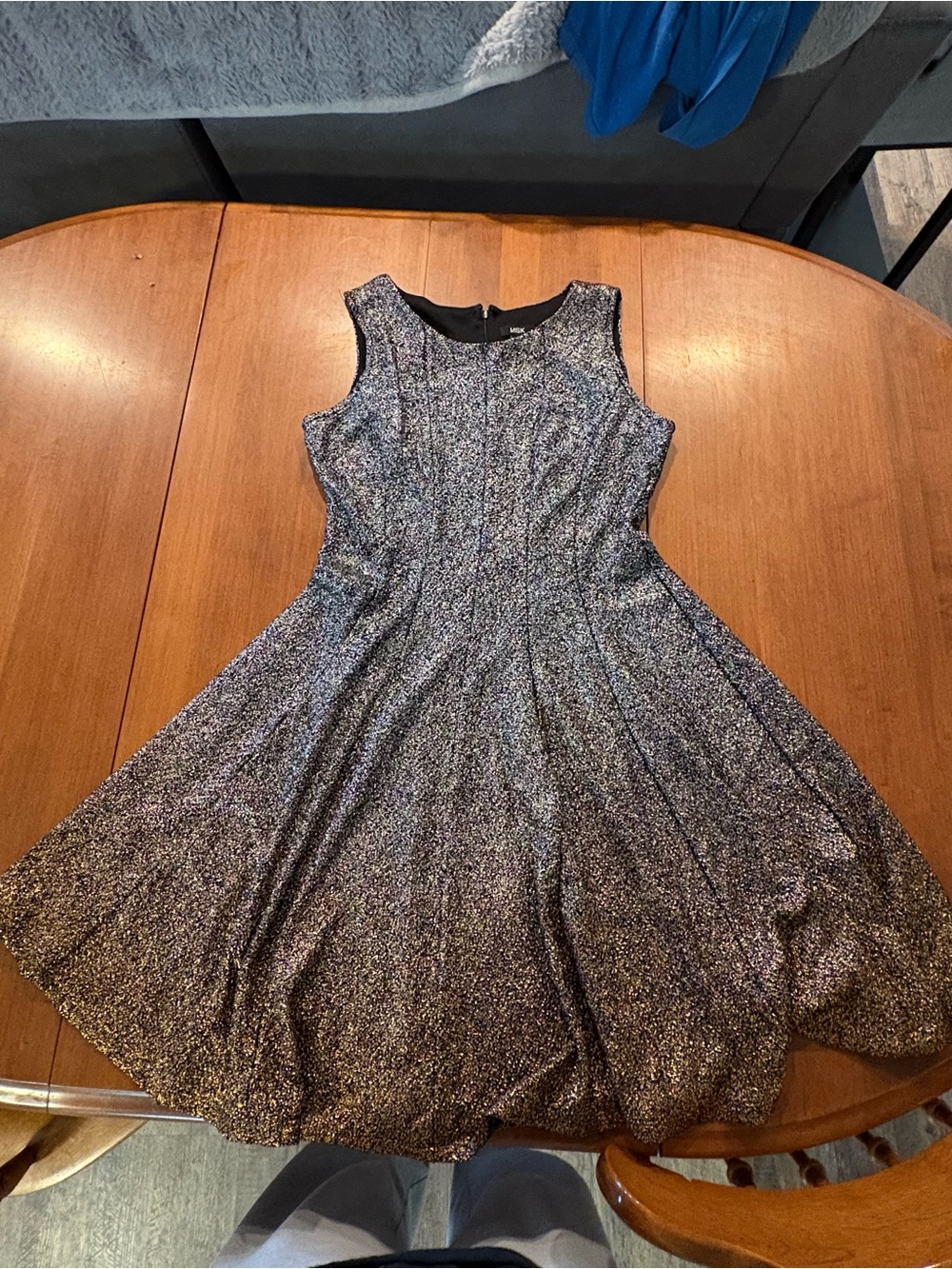 MSK Sparkle Fit-and-Flare Midi Dress in Metallic Silver-Black
